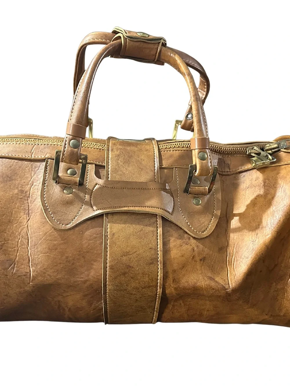 Invicta Vintage Brown Leather Duffel Bag with Brass Hardware Weekender Italy